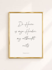 Beige minimalistische handgeschreven poster met bijbelvers Psalm 23:1 – De Heer is mijn Herder, mij ontbreekt niets, christelijke poster voor Japandi, Scandinavisch en rustig interieur.