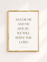 Beige minimalistische typografie poster met Jozua 24:15 – As for Me and My House, We Will Serve the Lord, christelijke poster voor modern, Scandinavisch en neutraal interieur.
