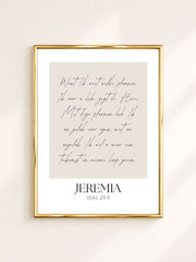 Beige minimalistische poster met Jeremia 29:11 in het Nederlands, christelijke bijbeltekst poster voor modern, Scandinavisch en neutraal interieur.