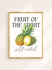 Witte botanische poster met ananas illustratie, Fruit of the Spirit – Self-Control, christelijke poster voor tropisch, Scandinavisch en cottagecore interieur.