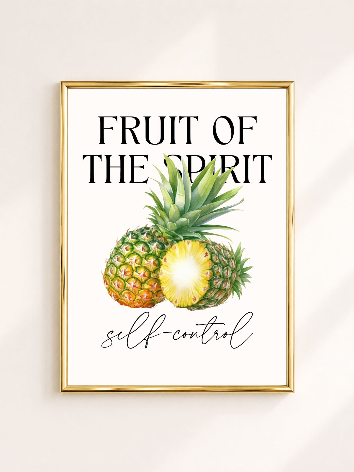 Witte botanische poster met ananas illustratie, Fruit of the Spirit – Self-Control, christelijke poster voor tropisch, Scandinavisch en cottagecore interieur.