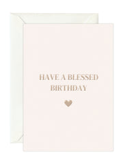 Beige christelijke verjaardagskaart met de tekst "Have a Blessed Birthday", minimalistische religieuze kaart met hartje als christelijk cadeau.